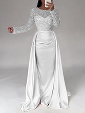 cheap CHAMPAGNE-Mermaid Sequin Evening Gown Ruched Champagne Satin Dress Long Sleeves Masquerade Floor Length Illusion Neck with Pearls Overskirt dress 2025
