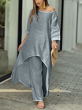 economico Set in cotone e lino-Per donna Streetwear Camicia Set da due pezzi Set di Pantaloni Manica Lunga Girocollo Tinta unica Casuale Weekend Rosa Blu Viola Vestibilità regolare