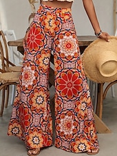 baratos perna larga e cintura alta-Mulheres Perna larga Calça larga Calças Férias Boho Comprimento total Cintura Alta Flor Cintura elástica Respirável Confortável Micro-Elástica Rua Roupa Diária Para Noite Laranja Verão Normal