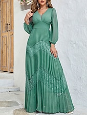 preiswerte Unter 129,99 $-Kleid Mutter der Braut Kleid Elegant V-Ausschnitt Bodenlang Chiffon Langarm in einfarbig