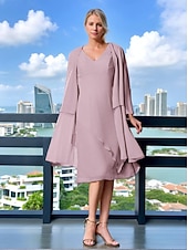 economico Con giacca-Abito da sposa a trapezio, elegante, semplice e minimalista, con scollo a V, lunghezza tè, in chiffon, a maniche lunghe con volant a cascata, 2025