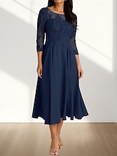 abordables Longueur du thé-Robe Mère de la Mariée A-Line Invité de Mariage Élégante Col Arrondi Longueur Thé Chiffon Manches 3/4 avec Plis Appliques Robe Midi 2025