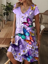 billiga Blommig klänning-Kvinnors Mini Klänning A-linje Klänning T-shirt Klänning Tee Klänning Avslappnad Semester Daglig Regular Fit Grafik Paisley Kort Ärmd V-hals Blå Beige Sommar Vår