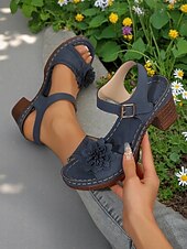 billiga Komfortsandaler-blomsandaler med tjocka klackar för kvinnor – bruna sommarskor i konstläder med ankelrem och 3d-blomsterdesign för trädgårdspromenader och utomhussammankomster