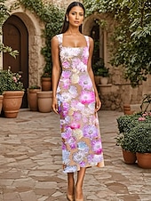 baratos Vestidos de Cocktail-Vestidos de Coquetel  Coluna Vestido Floral de Renda em Malha Semi Formal Casamento Comprimento Midi Sem Mangas Gola Quadrada Renda com Aplicações