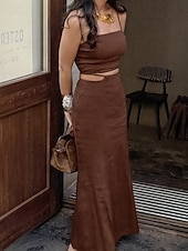 abordables Ensembles courts pour femmes-Femmes Mode Streetwear Ensembles en coton et lin Jupe Ensembles Sans manches Bretelle Uni Dos nu Fête Week-end Marron Été Coupe régulière
