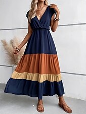 economico Abiti a Strisce e Geometrici-Per donna Abito maxi Abito a trapezio Casual All&#039;aperto Uscire Spiaggia Vestibilità comoda Grafico Manica Corta Scollo a V Blu Fucsia Marrone Estate