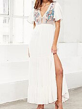 levne Boho šaty-Dámské Midi šaty Boho šaty Westernové šaty Módní Klasické Denní Dovolená Jdeme ven Běžný Květiny Krátký rukáv Do V Bílá Léto