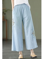 economico Pantaloni in lino e cotone semplici-Per donna Pantaloni in cotone e lino Moda Streetwear Lunghezza intera Naturale Floreale Ricamato Tasca Elastico in vita Comodo All&#039;aperto Confortevole All&#039;aperto Vacanza Ferie Aalbicocca Blu cielo