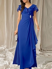 abordables Robes pour invitées de mariage-Robes de fête pour invité de mariage A-Line robe élégante longueur de sol à manches courtes décolletée en V en chiffon avec plis et volants
