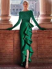 cheap RED-Red Green A-Line Evening Gown Elegant Dress Formal Floor Length Long Sleeve Jewel Neck Satin with Ruffles Slit Masquerade Dress