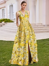 economico FLORALI-Linea ad A Abito da Sera Elegante Vestito Formale Matrimonio Lunghezza al pavimento Senza Maniche Scollo a V Raso con Ricamo Applicazioni 2025