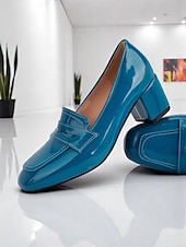 levne Block Heels-dámské modré lesklé lakované mokasíny s mohutným podpatkem – moderní nazouvací pracovní obuv s hranatou špičkou pro kancelářské profesionály