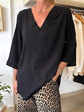economico Top Semplici da Donna-camicetta da donna in cotone e lino, tinta unita, elegante, casual, manica a 3/4, scollo a V, top normali, per tutti i giorni, per le vacanze, nera, bianca, beige, estate, primavera