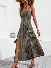 abordables Robe Boho-Femmes Robe Midi Robe Décontractée Robe d&#039;été Robe Nuisette Robe bohème Élégant Mode Moderne Quotidien Plage Week-end Coupe régulière Rayé Sans manches Col en V Rouge Vert Été