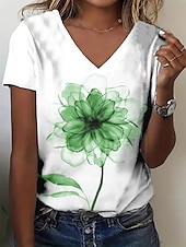 billige Blomster t-skjorte-Dame T skjorte Sommertopper Blomstret Grafisk Klassisk Fritid Kortermet V-hals Crop Tops Daglig Helg Trykt mønster Gul Rød Lilla Grønn Lyseblå Sommer Vår Høst