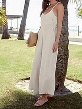 cheap Plain Cotton Linen Pant-Women&#039;s Normal Cotton Linen Dungarees Pants Streetwear Solid Color Sleeveless V Neck Drawstring Street Going out Regular Fit Khaki Summer