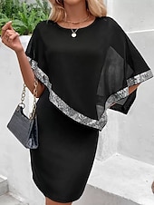 abordables Longueur du thé-Robe Mère de la Mariée Sirène  Trompette Élégante Vintage Simple Col Rond Longueur Thé Chiffon Manches Courtes avec Sequins Robe Midi 2025