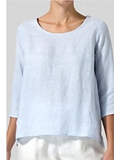 abordables Chemises-Femmes Chemisier Chemises en coton et lin Uni Basique Occasionnel Manche 3/4 Col ras du cou Hauts Réguliers Quotidien Fête Sortir Noir Blanche Rose Claire Vert Véronèse Gris Été