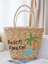 abordables Cabas et fourre-tout-Sac fourre-tout en paille brodé marguerite pour femme - sac fourre-tout de plage d&#039;été avec motif floral, cocotier, citron, style bohème décontracté, adapté aux vacances et à un usage quotidien