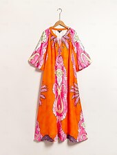 billiga Blommiga klänningar-Dam Hem Maxi Maxiklänning Orange Halvlång ärm Växter Stringtrosa Sommar V-hals Klänningar Semester XS S M