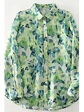 economico Camicie-Per donna Camicia Abbottonare Camicia in cotone e lino Blusa Fiore Elegante Moderno Manica Lunga Scollo a V Top Regolari Ferie Uscire Bottoni Stampato Verde Estate