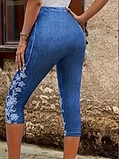 economico Stampa 3D Blu-Woman Leggings Capri Pantaloni Alta Elasticità Moda Vacanze Vintage Lunghezza Polpaccio Vita Media Stampa Grafica Floreale Traspirante Morbido Elastico Esterno Vacanze Street Blu Uovo di Robin Estate