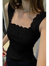 cheap Lace Tops-Women&#039;s Blouse Lace Tops Plain Modern Sleeveless Square Neck Regular Tops Holiday Going out Lace Black White Summer