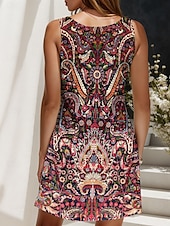 levne Boho šaty-Dámské Mini šaty Áčkové šaty Letní šaty Šaty na rameno prázdniny Na běžné nošení Běžný Grafika Retro Boho Paisley Damašek Bez rukávů Do U Rubínově červená Vodní modrá Fialová Trávová zelená Léto Jaro