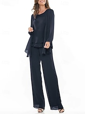 baratos Terninhos de calça da mamãe-Terno azul roxo com calça, vestido de mãe da noiva, 3 peças, elegante, gola redonda, comprimento até o chão, chiffon, manga comprida, incluso com bordado em renda 2025