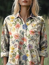 levne Boho topy-Dámské Košile Květinový Retro Geleneksel Dlouhý rukáv Košilový límec Běžné topy Denní Dovolená Knoflíky Kapsy Tisk Námořnická modř Vodní modrá Khaki Béžová Léto