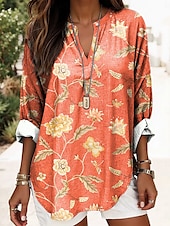 olcso Virágmintás felsők-Női Blúz Tunika V Nyak Hosszú Ujjú Boho Lazac Tops Virágos Grafika Vintage Napi Romantikus Normál Tops Napi Viselés Nyomtatás Fekete Kék Lila Narancs Világosszürke
