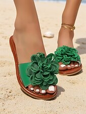 billige Kvinner-blomstersandaler for kvinner – flate strandsko i boho-stil med 3d-blomsterdesign for sommerferie og fritidsklær