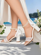 cheap Wedding Sandals-Women&#039;s White Bridal Sandals with Lace and Pearl Detailing, Block Heel Design for Beach Weddings and Summer Ceremonies