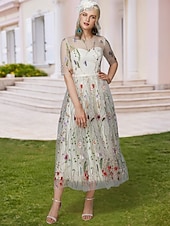 abordables Robes de bal de promo-Robe A-Line Fleurie Saint-Valentin Invité de Mariage Longueur Thé Manches Mi-Longues Illusion Col Dentelle avec Applications Brodées
