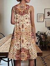 preiswerte Boho Kleider-Damen Minikleid Sommerkleid A Linie Kleid Schulterfreies Kleid Urlaub Lässig Strand Normale Passform Blumen Grafik Paisley-Muster Ärmellos Rundhalsausschnitt Leicht Braun Sommer