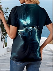 cheap Animals tee-Women&#039;s T Shirt Graphic Animal Cat Stylish Classic Casual Short Sleeve Crew Neck Round Neck Regular Tops Daily Going out Weekend Print Navy Blue Summer Spring