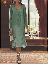 voordelige Met Jas-Strand Bruiloft Twee Delige Zeemeermin Moeder van de Bruid Jurk Formele Bruiloft Gast Elegante Luxe V Hals Thee Lengte Chiffon Mouwloos Wikkel Inclusief met Beading Pailletten 2025 gratis op maat
