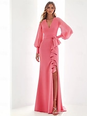 economico Rosa-abito da sera rosa a trapezio elegante abito formale lungo fino al pavimento manica lunga scollo a V in chiffon con volant spacco farfalla 2025