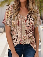 billige Boho t-skjorte-Kvinners T-skjorte Boho Bluse Grafisk Geometrisk Paisley Bohemia Vintage Uformell Kort Erme V-hals Vanlige Topper Daglige Helg Strand Bekledning Trykk Rød Blå Oransje Sommer