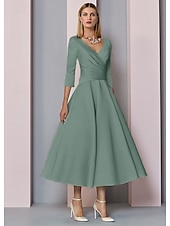voordelige Vloerlengte-Strand Bruiloft A-Lijn Gouden Jurken Moeder van de Bruid Jurk Bruiloft Gast Elegante Vintage Plus Size V Hals Thee Lengte Satin 3/4 Lengte Mouw met Plissé dress to impress 2025 gratis op maat gemaakt