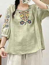 abordables Tops Boho pour Femmes-Femmes Chemise Fleuri Élégant Occasionnel Manche 3/4 Col ras du cou Hauts Réguliers Quotidien Broderie Vert Claire Rose Claire Fuchsia Abricot Bleu clair Été Printemps
