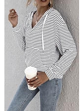 voordelige Dames Strepen &amp; Geometrische Tops-Dames Blouse Gestreept Casual Lange mouw Capuchon Normale tops Dagelijks Uitgaan Zak Wit Bruin Zomer