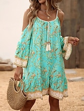 economico Abiti Boho-Per donna Mini Abito Abito a trapezio Abito Sottoveste Abito a spalle scoperte Casual All&#039;aperto Uscire Spiaggia Vestibilità comoda Floreale Grafico Manica Lunga Spalline sottili Blu marino Verde