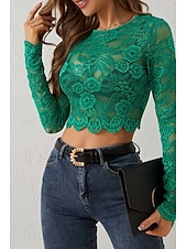 olcso Csipkés felsők-Női Blúz Csipke felsők Sima Elegáns Stílusos Hosszú ujj Terített nyak Crop Tops Napi Alkalmi Csipke Fehér Lóhere Nyár