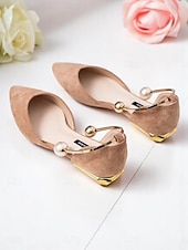 cheap Women's Flats-Women's Burgundy Pointed Toe Flats – Suede Shoes with Pearl Anklet Strap for Elegant Daytime Dates