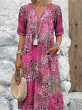 abordables Art &amp; Design Robe-Femmes Robe Midi Robe trapèze Robe d&#039;été Occasionnel Quotidien Coupe régulière Graphique Léopard Demi Manches Col en V Rouge Bleu Violet Fuchsia Été