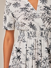 voordelige Bloemenjurken-zwart &amp;witte midi-jurk in strandprint in vakantiestijl