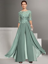 abordables Combinaisons pour maman-Combinaison deux pièces  tailleur mère de la mariée invitée de mariage église élégante petite décolleté bateau longueur sol chiffon manches mi-longues avec appliqués taille personnalisée gratuite