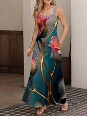 economico Abiti floreali-Per donna Abito maxi Abito a trapezio Abito Estivo Abito a spalle scoperte Vacanza Casual Feste Data Vestibilità regolare Floreale Grafico Senza Maniche Collo quadrato Verde Estate Primavera